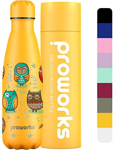 Proworks Bouteille d'eau Isotherme, sans BPA, Gourde INOX Reutilisable pour Maintien Chaud de 12 Heures & du Froid Jusqu’à 24 Heures, Sport, Gym, Voyage - 1 Litre Jaune moelleux - Tribu de la chouette