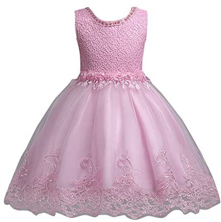Routefuture Fille Princess Robe de Mariage sans Manches Fleur en Dentelle Tulle Robe Demoiselle d'honneur Lace Costume De Cérémonie Fête Soirée d'anniversaire 2-10 Ans