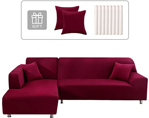 Lydevo Sofabezug Ecksofa L Form Sofa Überwürfe Stretch Sofabezug L Form Rechts oder Links mit Zwei Kissenbezügen Waschbar Universal-Couchbezug L Form Sofa Cover L Shape(3 Sitzer+3 Sitzer,Rotwein)