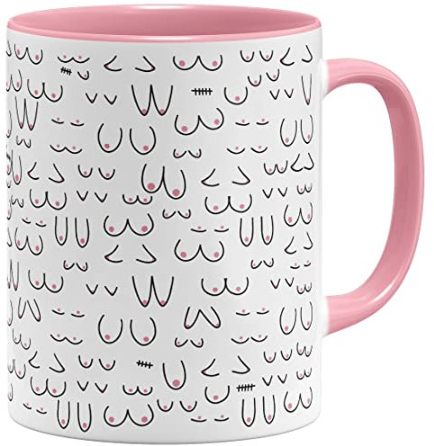 OM3® witzige Kaffeetasse mit Brüsten Titten Kaffee-Tasse Brüste-Muster Doodle | Keramik Becher | 11oz 325ml | Rundumdruck | Rosa