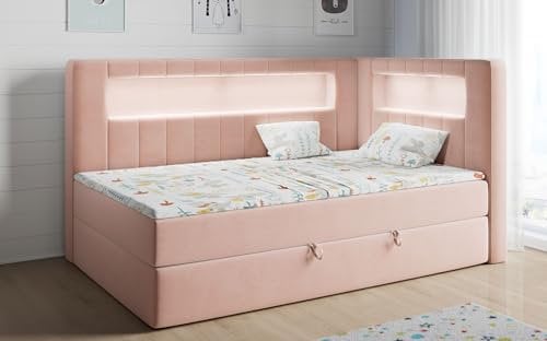 MKS MEBLE Kinderbett mit Led, Boxspringbett 90x200 mit Led, Einzelbett mit Bettkasten und Topper, Kinderbett mit Matratze und Stauraum - Gold 3 Junior - Rosa - Rechts