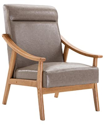 QBREZA Moderner Schaukelstuhl aus PU-Leder, bequemer Wohnzimmer-Schaukelstuhl mit Holzarmlehne, gepolsterter Einzelsofa-Stuhl (Farbe: Grau, Größe: 66 x 82,5 x 71 cm)