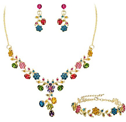 EVER FAITH Hochzeit Party Schmuck Set für Braut österreichischen Kristall Cluster Blume Kostüm Halskette Ohrringe Armband Bunt Gold-Ton