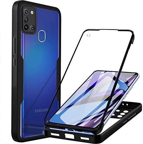 Hülle Kompatibel mit Samsung A21S 360 Grad Stoßfest Schutzhülle Rundumschutz Cover Case mit Eingebautem Displayschutz Robust Bumper Durchsichtig Handyhülle für Samsung Galaxy A21S - Schwarz