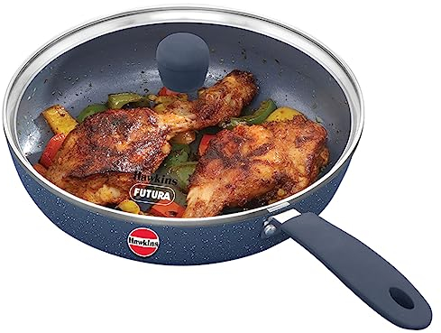 Hawkins Ceramic Nonstick Frying Pan, 24 cm Diameter, Induction Fry Pan with Glass Lid, Granite Omlette Egg Pan, Fish Pan, Blue (ICF24G)