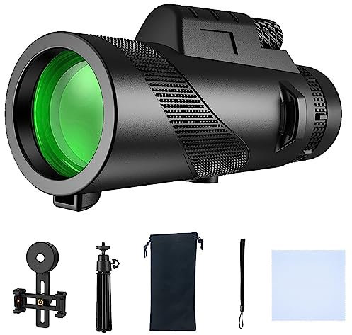 80x100 HD Telescopio Monocular Alta Potencia para Adultos con Adaptador Smartphone y trípode, monocular para Caza Camping Senderismo Vida Silvestre Observación de Aves Black