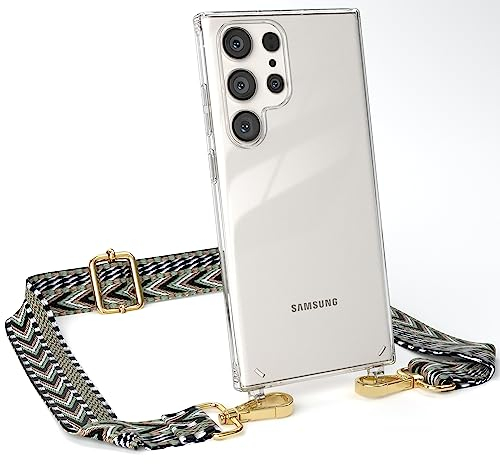 EAZY CASE Handykette - Verstellbarer Handyriemen kompatibel mit Samsung Galaxy S23 Ultra, Kette für Phone, dünner Riemen, Taschengurt mit Hülle, DIY Handyband, Grün/Schwarz - Karabiner Gold