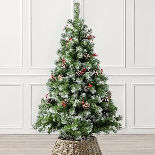 CHRISTOW 5ft Artificial Christmas Tree with Snow Pine Cones & Berries, Luxury Natural Looking Flocked Woodland Spruce, Indoor Xmas Decoration, Easy Assembly with Stand, 339 Tips (skirt not included)