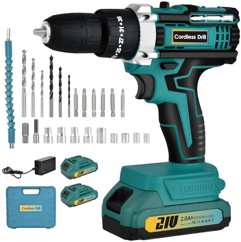 Trapano Avvitatore a Batteria 21 V: Potente Set Trapano Avvitatore a Batteria con 2 Batterie 2.0 Ah, Coppia 25+3, Punte da Trapano 24 Pezzi, 2 Velocità, Household Hand-Held Set