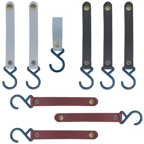 ONEBO 9 Pcs S Hooks, PU Leather S-Hooks,Multifunctional S-Hook,Camping Hook,Leather Style Handlebar Clips,Tent Canopy Cloth Clip,for Kitchen Bathroom Bedroom Office(3 Colours)