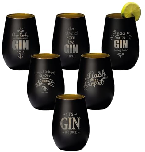 4youDesign 6-er SetGin Tonic Glas mit Sprüchen – Geschenk für Männer, Frauen zum Muttertag oder Vatertag – Tumbler-Party-Glas aus Kristallglas – sehr bruchsicher – Schwarz-Gold – 465ml