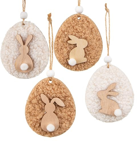 Logbuch-Verlag 4 Ostereier zum Aufhängen mit Holzhase braun weiß Osteranhänger aus Holz & Wolle Osterdeko Osterstrauch 7 cm