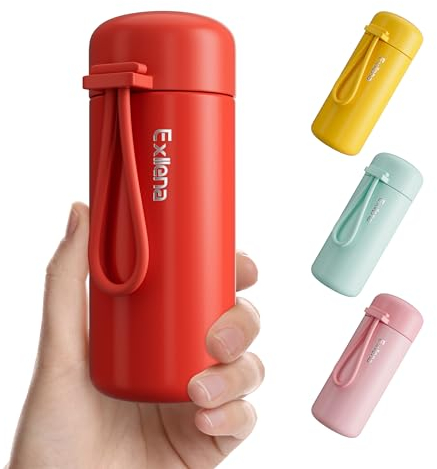 Exllena Small Flask 150ml Made of 304 Stainless Steel, Double Wall Vacuum Insulation for Hot&Cold Drinks, Mini Flask with Carry Handle - 100% Leakproof(Coral Red)
