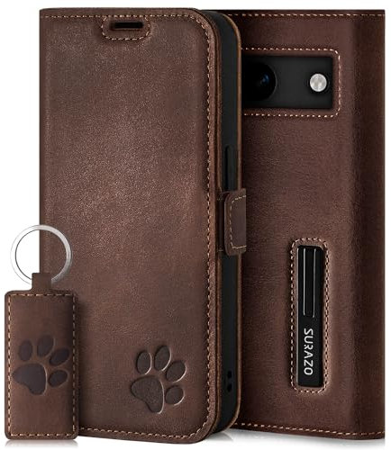 SURAZO Slim Magnet Handyhülle für Google Pixel 8a Hülle Leder – Echtleder Schutzhülle mit Pfote Motiv – RFID Klapphülle [Standfunktion, Kartenfach] Flip Cover Case Lederhülle (Nussbraun)