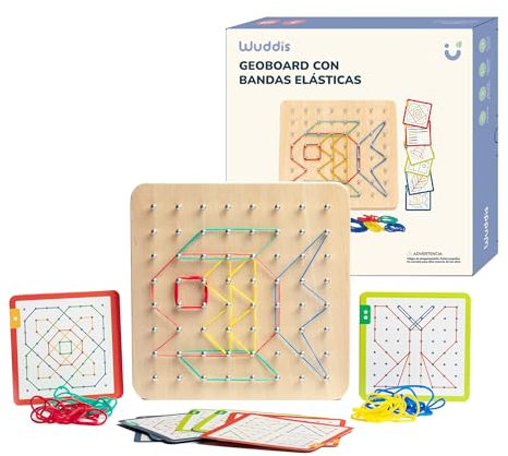 Wuddis Montessori Holz Geoboard - Geobrett Grundschule - FSC Zertifiziert, 48 Gummibänder und 40 Musterkarten, Motorikspielzeug, Geschenkidee Für Junge Und Mädchen Ab 3 4 5 Jahren