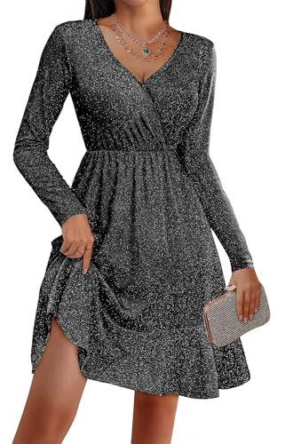 ZEAGOO Damen Kleider Elegant Glitzer Kleid V-Ausschnitt Minikleid Langarm Cocktailkleid Knielang Partykleid Herbst Einfarbig Kleider Schwarz S