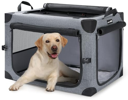 pecute Dog Car Crate, Collapsible Dog Crate with Breathable Mesh, 88x55x55cm Dog Travel Crate Sturdy Frame for Medium and Large Dogs, Suitable for Traveling, Visit Veterinarian and Insides