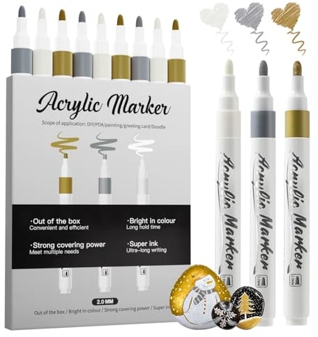 Jnyan Acrylic Paint Pens, 9 Pack 2-3mm Medium Tip Markers, White, Gold, Silver for Art Projects, Drawing, Rock Painting, Wood, Plastic, Metal, Canvas, DIY Crafts
