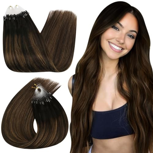 Ugeat Extensions Echthaar Microring Balayage Braun 40cm Haarverlängerung Microring Extensions Echthaar Micro Loop Dunkelbraun Ombre für Mädchen 50G 50 Strähnen #2/6/2
