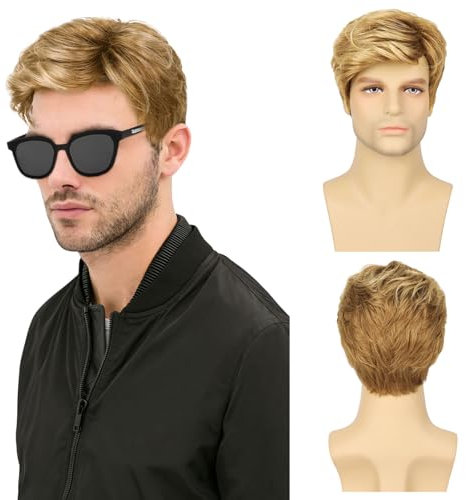 TSHAOUN Herren Perücke Blond Perücke Kurze Herrenperücke Gelockte, Herren Boyband Perücke Kostüm Natürliche Daily Kurz Perücke mit Sonnenbrille, 70er 80er Disco Täglich Halloween Perücke (Blond)