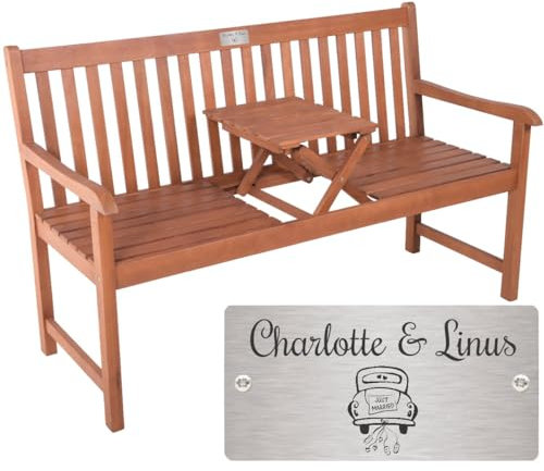 Sterngraf Bank als Hochzeitsgeschenk mit Gravur zB. Auto (Name/Datum), Klapptisch Gartenbank Padang 142cm, Edelstahlschild personalisiert, Paar-Geschenk zur Hochzeit