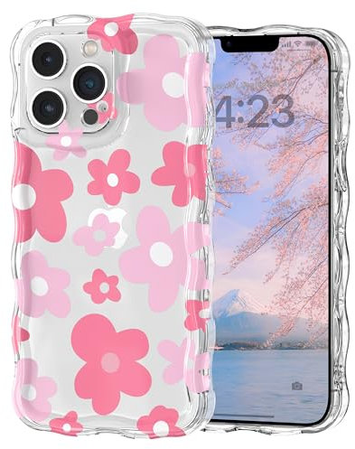 Micoden Cute Curly Wave Case for iPhone 13 Pro,Clear with Anti-Yellowing Flower Floral,Soft TPU Slim Bumper Shockproof Anti-Scratch Protective Wavy Cover for Girls Women-Pink