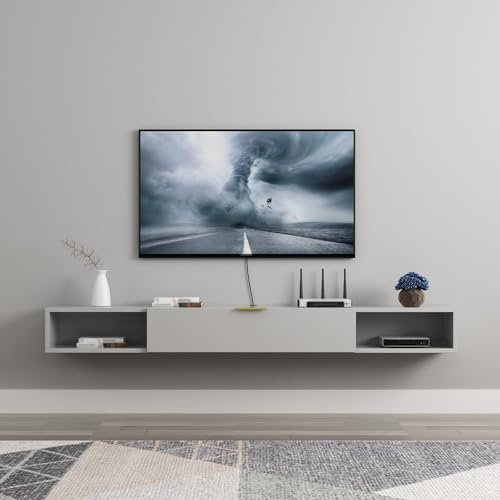 Mueble tv suspendido moderno Soporte de mueble de TV mural flotante Panel tv mueble pared madera con cajón Mueble tv salon Mueble de TV flotante de madera con almacenamiento.(Gray,140x20x18.2CM/55.1x7