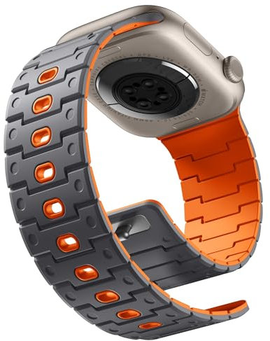 Bandletic Kompatibel mit Apple Watch Ultra 2 Armband - 49mm 46mm 45mm 44mm für iWatch Armband SE Ultra Series 10 9 8 7 6 5 4 42mm(3 2 1) Silikon Sport Magnetbänder Band für Herren Damen, Gray Orang