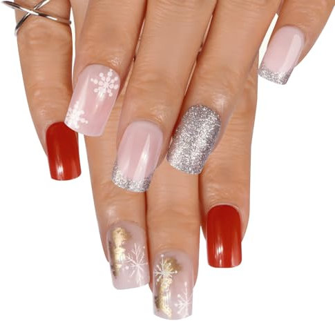 2 Boîte 48pcs Faux Ongles Court Noël en ABS Nail Ongles Artificiel Capsule Couverture Complète à Paillettes avec Colle de Gelée Décoration DIY Manucure Noël pour Femme Filles