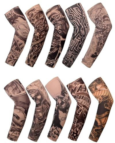 BPTRKOM 10 Pièces Manches de Tatouage - Couvre-manches pour Tatouages de Bras, Tatouage Temporaire Manchettes de Bras Faux Tatouage Tatoo pour Fête, pour Travail,Handball,Velo,Volley