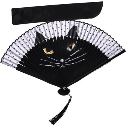 Cabilock Cartoon Folding Fan for Women Handheld Fabric Folding Fan Cute Cat Print Portable Storage Bag Suitable for Cosplay Dance Performance