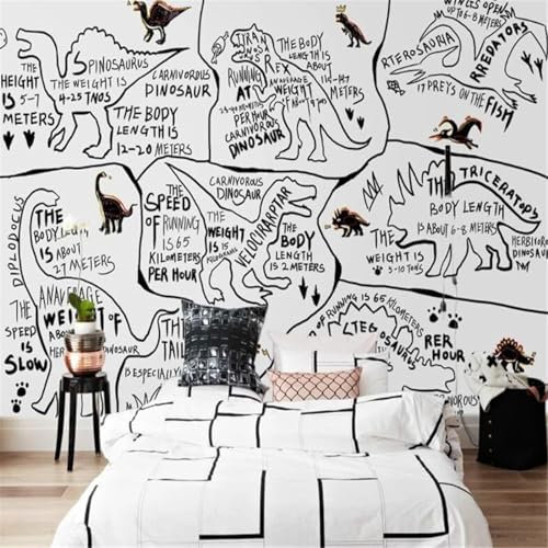 Tzxztt Dinosaure De Dessin Animé Noir Et Blanc Papier Peint 3d Moderne En Soie GaufréE MatéRiau IdéAlPour Le Salon Et La Chambre à Coucher-250cm×170cm