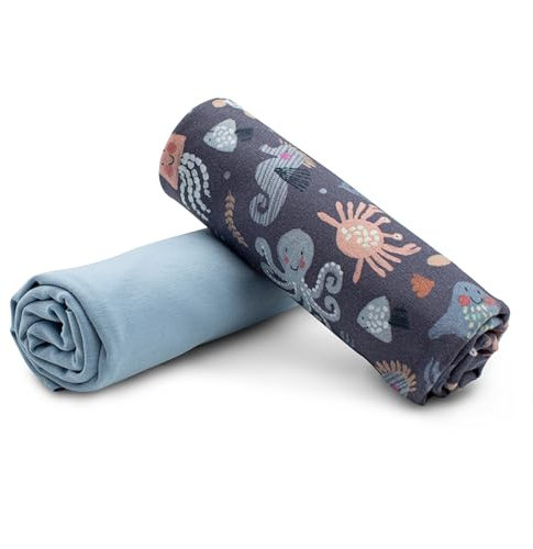 Stoffpaket 0,5m Jersey + 0,5m Bündchenstoff zum Nähen von Kinderkleidung Kinderstoff Jerseystoff (Ocean Animals + Blauer Schatten Set39)