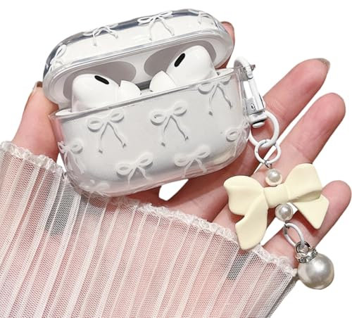 MINSCOSE Kompatibel mit AirPods Pro 2 Klar Hülle,Niedliche Schleife Muster Kawaii Ribbon Mädchen Design mit Bogen Perle Schlüsselanhänger,Weiche TPU schützende stoßfeste Hülle für AirPods Pro 2-Weiß