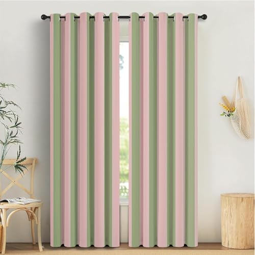 TDNEKMCA Thermal Insulated Blackout Curtains Pink Green Stripes Printed Eyelet Curtains, Home Decorative Room Darkening Curtain for Bedroom, 52 x 54 Inch (Width x Length)