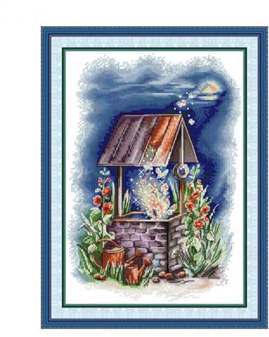 Zleiubisa Kit de broderie au point de croix avec accessoires - Motif fleurs - 26 x 34 cm - Kit de broderie pré-imprimé pour adultes et débutants (Puits magique)