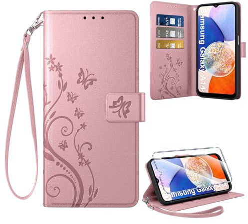 Coiwxmoi Cover per Samsung Galaxy A14 4G/5G + 1 Vetro Temperato, Retro Design Premium in Pelle PU Portafoglio Custodia Slot per Schede Flip Cover per Samsung A14, Oro Rosa