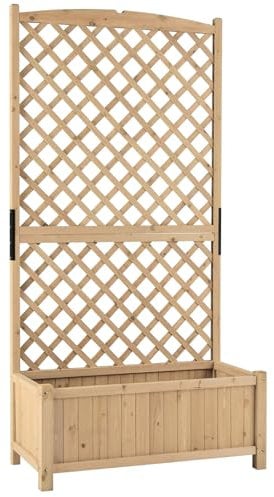 TANGZON Wooden Planter with Trellis, Freestanding Raised Garden Bed for Vine Climbing Plant Flower, Outdoor Elevated Trough Planter Support Box (without Hanging Roof, Natural, 90 x 45 x 180cm)