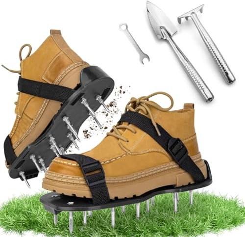 XLZJYIJ Arieggiatore per Prato Scarpa, Sandalo Aeratore Scarpe da Prato con Pala e Rastrelli, Prato Scarpe Chiodate per Areazione con Strap Regolabile per Areazione Prato e Giardino