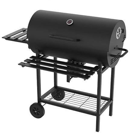 Grill Holzkohlegrill, Grillwagen XXL, Outdoor BBQ Grills Holzkohle Grill Multifunktionaler Mit Deckel, Rädern, Thermometer, Klappbarer Beistelltisch Und Unteres Regal, Kohle Grill Für Grillparty(A)