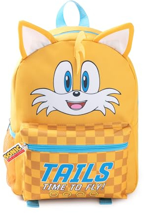 Sonic The Hedgehog der Igel-Kinderrucksack mit 3D-Schwänzen | Gelbe „Time To Fly!“-Charaktertasche mit karierter Vordertasche | Schultasche mit Reißverschluss für Jungen und Mädchen
