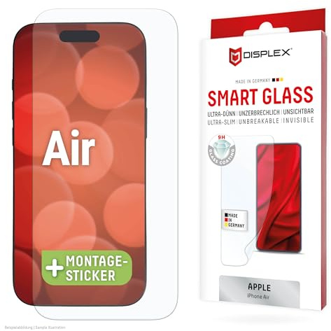 Displex Schutzfolie mit Glasoberfläche für iPhone Air (9H), Made in Germany | DISPLEX Smart Glass, unzerbrechlich, kratzfest, 9H Härte, ultra-dünn, kristallklar, mit Montagehilfe