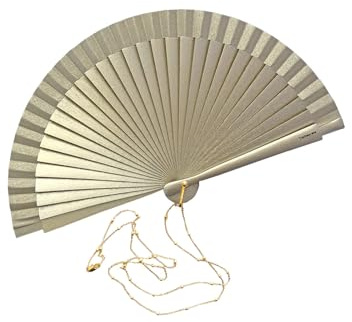 Tusitala Barcelona Ventaglio spagnolo - Legno e cotone - 16 cm - Custodia in yute natural - Accessorio moda - Fatto a mano in Spagna - Collezione Clutch (Oro, Catena)
