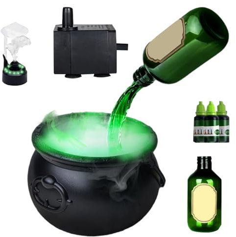 Cauldron Diffuser, Halloween Witch Cauldron with Mist Maker, Spooky Black Pot with Floating Potion Bottles Holiday Supplies Haunted House Props for Indoor Outdoor Home Yard