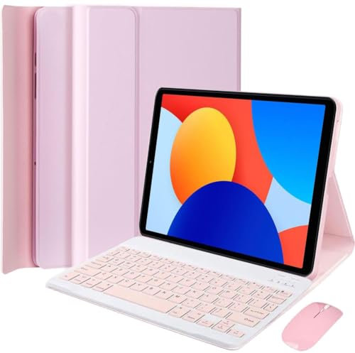 HEKUEUN Funda con Teclado para Xiaomi Redmi Pad SE 8,7 Pulgadas 2024 Tableta, Español Ñ Teclado Bluetooth Inalámbrico Magnético Desmontable, Funda Ultrafina con Ratón,Rosado