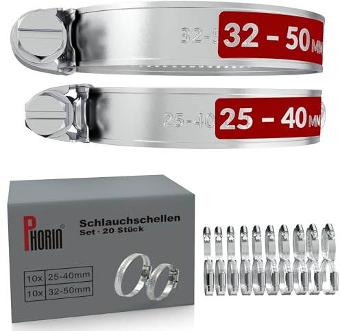 Phorin® Schlauchschellen Set - 10x 25–40 mm & 10x 32–50 mm - Extra starke Rohrschellen & Schlauchklemmen W4 V2A aus 304 Edelstahl - Ideal für Auto, Haus, Garten und mehr