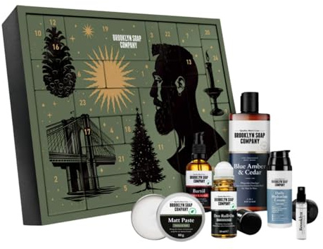 Brooklyn Soap Company Männerpflege Adventskalender 2025 – 24 hochwertige Pflege-Überraschungen für Männer – 15 Vollgrößen – Bart-, Haut- & Körperpflege im Premium Design – Geschenk für Männer