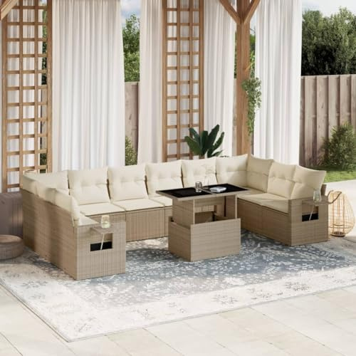 QJBSAVVA 11-teiliges Gartenmöbelset Beige 62 x 62 x 69 cm Poly-Rattan Sitzgruppe mit höhenverstellbarem Tisch, Outdoor Lounge für Balkon Terrasse und Camping
