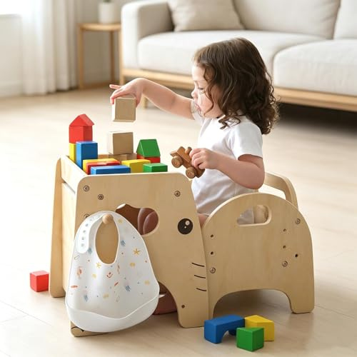 Lehoo Castle Toddler Table and Chair Set for 1-3 Years Boys Girls | 3-Level Adjustable Chair, Wooden Kid Desk with Shelf & Hook, Montessori Weaning Eating Table, Easy Assemble, Elephant