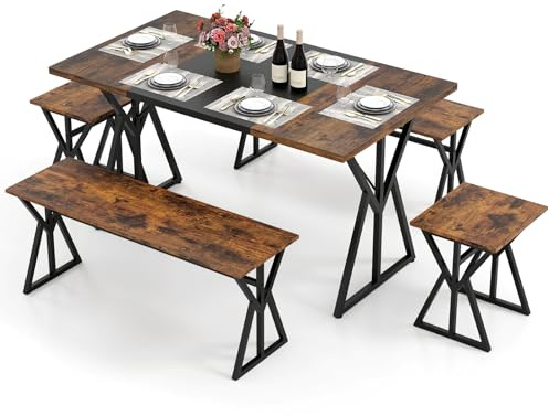 GIANTEX Esstisch mit 2 Bänken & 2 Hockern, 5er Set | Essgruppe für 4-6 Personen, Küchentisch 139 x 80 cm, Industrial aus Holz & Metallrahmen